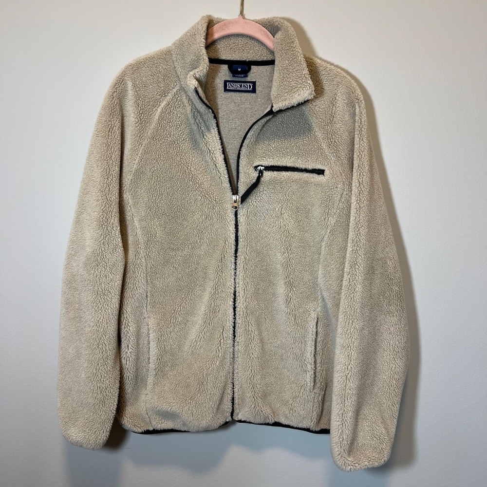 Lands End Vintage Sherpa Fleece Jacket Medium‎ Beige Full Zip